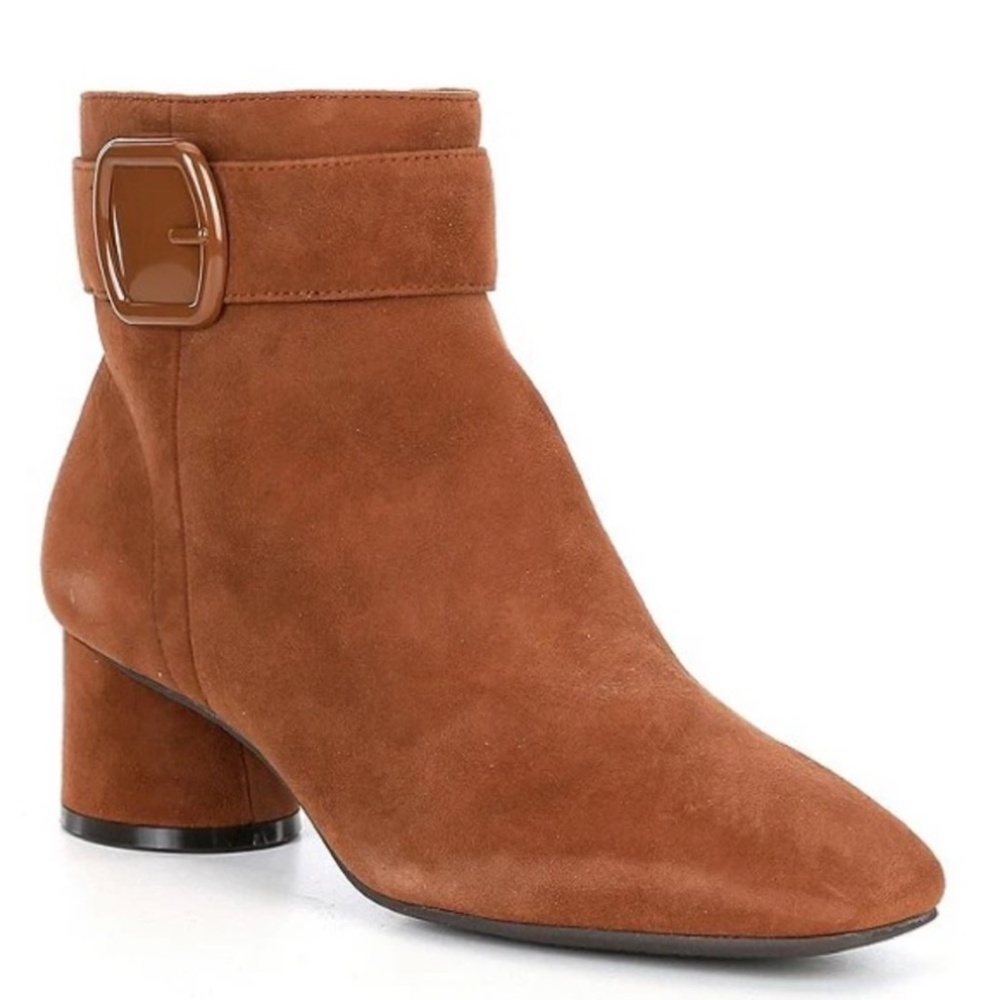 NWT Alex Marie Paxton Tan Suede Leather Square Toe Cylinder Heel Booties Sz 9